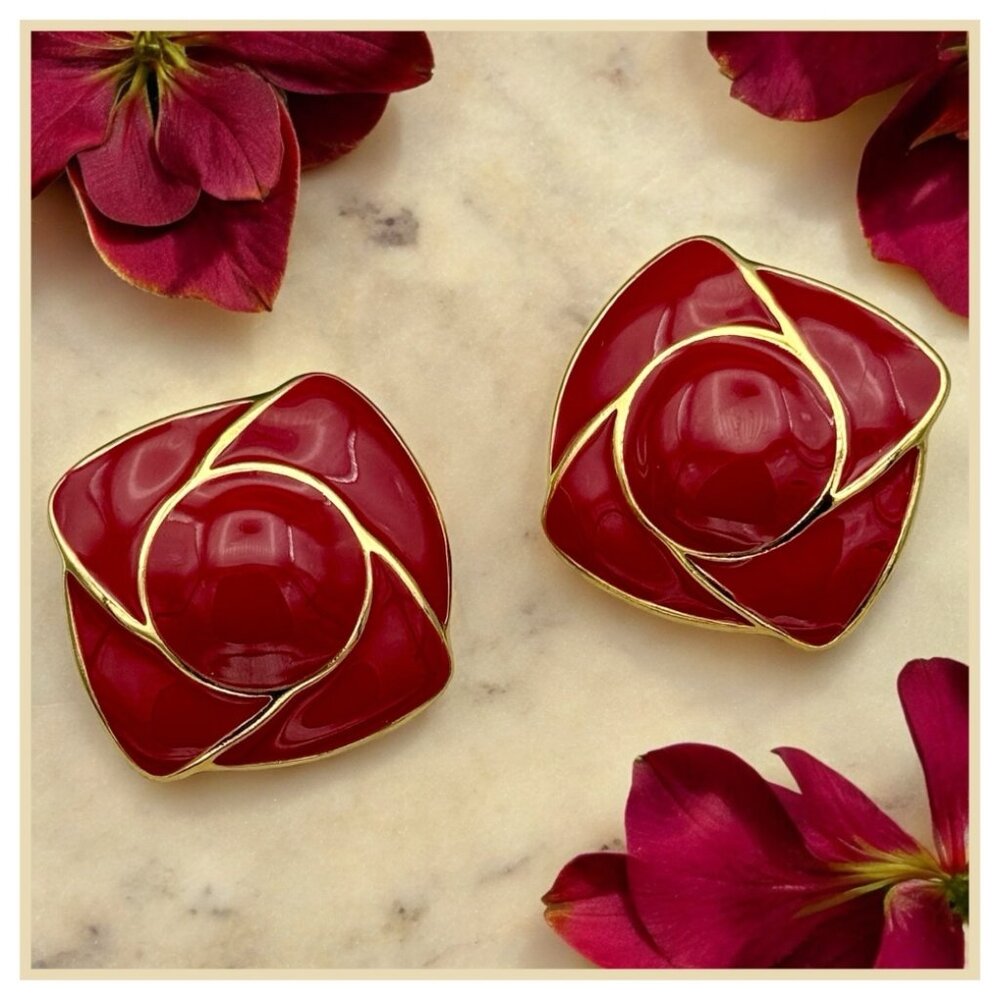 VINTAGE Monet 80s / 90s Cherry Red & Gold Thick Enamel Chunky Statement Earrings